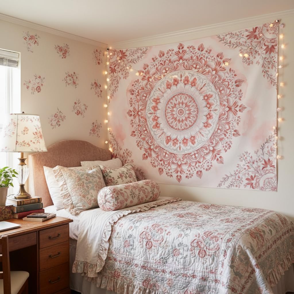 Tapeçaria Mandala Floral Rosa  - Wall Scroll Tapestry avaliação e preço